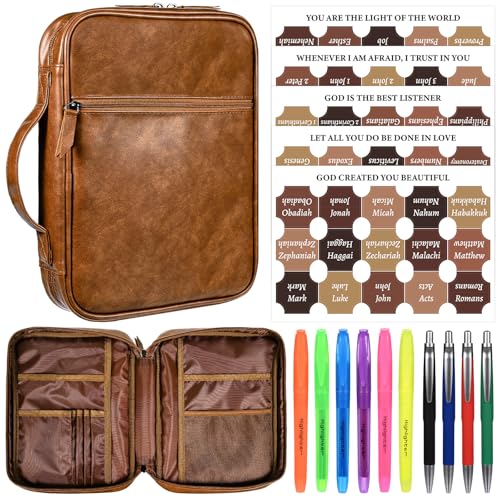 Leather Bible Cover for Men Large Bible Carrying Case with Handle Pockets Bible Book Cover with Highlighters Tabs for Church Prayer Meetings Study Supplies Accessories - color: Brown