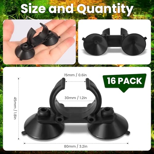 16 Pack Aquarium Heater Suction Cups with Clips，Clip Heavy Duty Black Standard Heating Rod Holders Clamps with 1.2 Inch Clips for Aquarium and Fish Tanks Heater (Double-Headed)