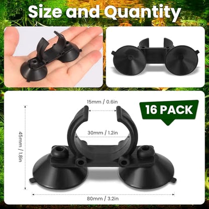 16 Pack Aquarium Heater Suction Cups with Clips，Clip Heavy Duty Black Standard Heating Rod Holders Clamps with 1.2 Inch Clips for Aquarium and Fish Tanks Heater (Double-Headed)