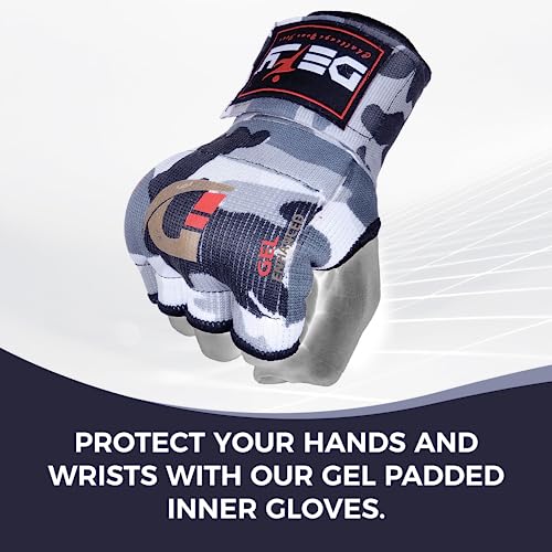 DEFY Padded Inner Gloves Quick 75cm Long Strap – Inner Boxing Gloves Gel Padded Knuckle Protection – Elasticated Boxing Hand Wraps for MMA Muay Thai Kickboxing Martial Arts Pair - color: White Camo, size: Small