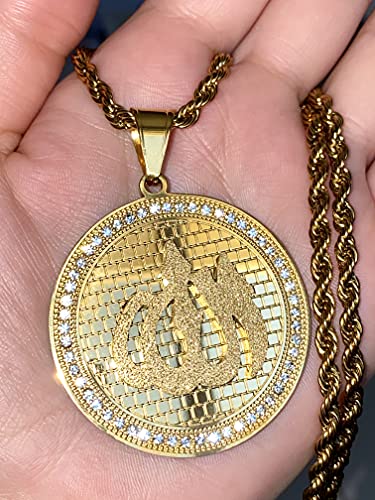 Allah Pendant Necklace – 14k Gold Finish Iced Round Islamic Charm with 3mm Rope Chain, Stainless Steel Muslim Jewelry for Men & Women