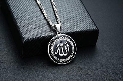 MEALGUET Allah Medallion Necklace, Stainless Steel Islamic Jewelry,Arabic Jewelry,Allah Name of God Round Pendant Necklace for Women and Men with Agate Beaded Chain, Muslim Gift Jewelry, Gift - style: Silver-stainless steel chain necklace
