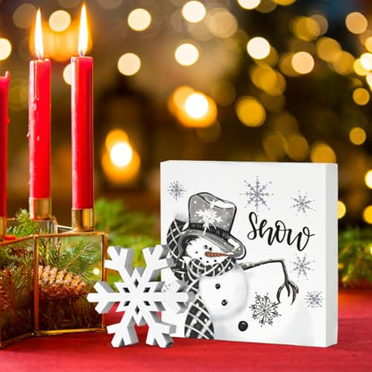 Smile Christmas Indoor Decor, Snowflake Snowman Square Sign Wooden Sign for Desk Table Shelf Office Farm Decoration Kitchen 5 x 5 Inches. - style: Snowman