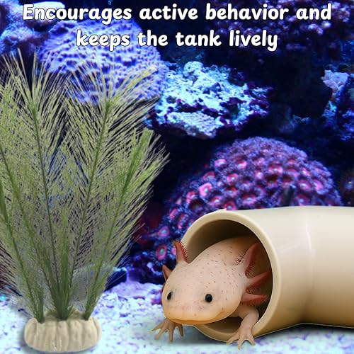 Axolotl Hide Tube and Silk Plants for Aquarium, Axolotl Cave and Aquatic Plant Set, Axolotls Hides and Green Plants, Aquarium Decor, Fish Tank Decorations, Turtle Tank Accessories (White, 11 * 3.5in)