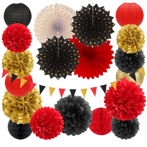 Red-Black Gold Casino Theme Party-Decorations - 20pcs Game Night Paper Lanterns Fans,Tissue Pom Poms,Honeycomb Balls,Bunting,Birthday Graduation Wedding Bridal Baby Shower Decor Burgleda - color: Red Black Gold
