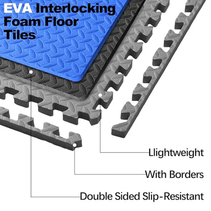 Elevon Puzzle Exercise Gym Flooring Mat, 3/4" Thick EVA Interlocking Foam 24 Tiles Workout Mat for Home Gym, 96 Sq Ft, Navy