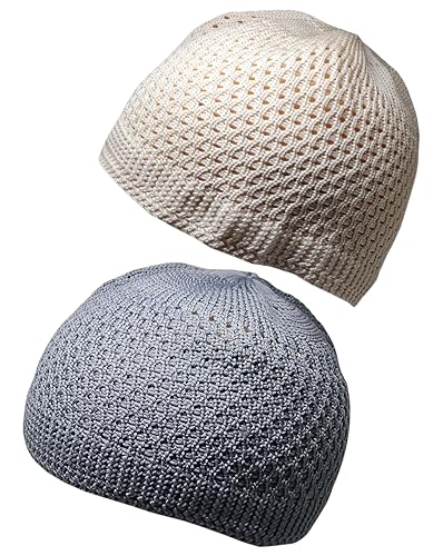 Set 2 Pieces Muslim Skull Cap Beanie AMN-341 Islam Prayer Crochet Takke Kufi Hat Eid Ramadan Gift - color: Cream & Grey, size: Large