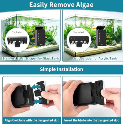 hygger Aquarium Magnet Glass Cleaner, Magnetic Fish Tank Cleaner with 2 Blades For Glass and Acrylic Aquariums, Aquarium Algae Scraper with Super Strong Magnet for Fish Tanks 0.3-0.6Inch Thickness (L) - size: L for Glass Thickness：0.3"-0.6"