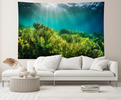 7ftx5ft Underwater Seascape Backdrop Under The Sea Aquarium Algae on The Ocean Floor with Natural Sunlight Background Mermaid Theme Birthday Party Decorations Baby Shower Photo Props - size: 7x5FT