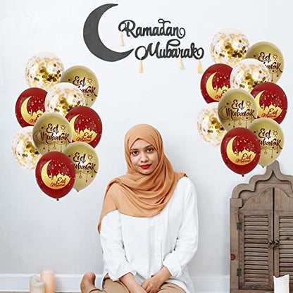 18pcs Eid Mubarak Balloons, Ramadan Mubarak Latex Balloons, Moon Ramadan Balloon Eid Decorations for Home, Parties, Evenings and Gatherings Supplies