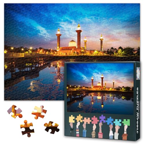 Jigsaw Puzzle 1000 Pieces for Adults Kuala Lumpur Malaysia Mosque Wall Art Contemporary Islamic Cityscape Painting Home Office Decor Large Puzzle 27.5x19.7 Inch - color: Artwork-14