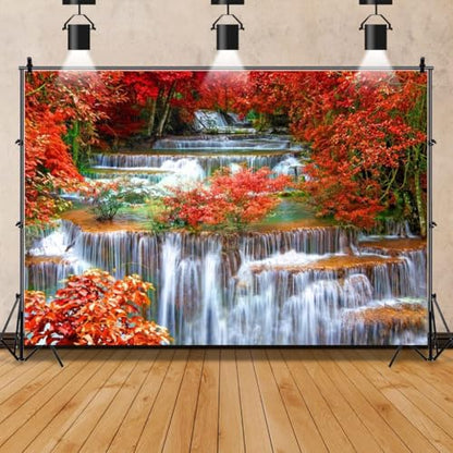 AOFOTO 5x3ft Falls Backdrop Cascades Photography Background Waterfall Nature Landscape Travel Adult Man Artistic Portrait Autumn Red Leaves Scenic Photo Shoot Studio Props Video Drop Wallpaper Drape - size: 5x3ft