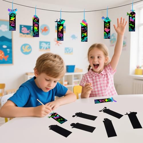 JUNEBRUSHS 30Pcs Ocean Crafts, Rainbow Magic Ocean Animals Scratch Bookmarks Under The Sea Party Favors Games for Activities Summer Arts and Crafts - style: Ocean Style