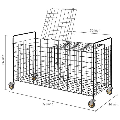 MyGift X-Large Capacity Black Metal Sports Ball Storage Rolling Cart | Gym Balls and Equipment Cart with 2 Compartments, Lock Latch & Heavy-Duty Locking Caster Wheels