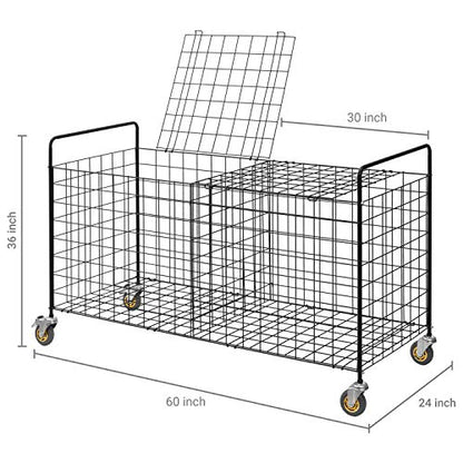 MyGift X-Large Capacity Black Metal Sports Ball Storage Rolling Cart | Gym Balls and Equipment Cart with 2 Compartments, Lock Latch & Heavy-Duty Locking Caster Wheels