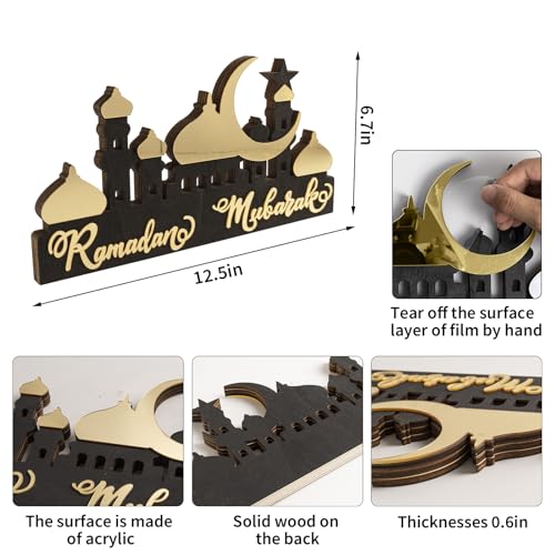 Wooden Acrylic Ramadan Decorations for Home 2026, Gold Black Ramadan Mubarak Eid Kareem Sign Stand, Wood Islamic Table Centerpiece Fireplace Office Desk Mosque Decor, Arabic Muslim Gifts
