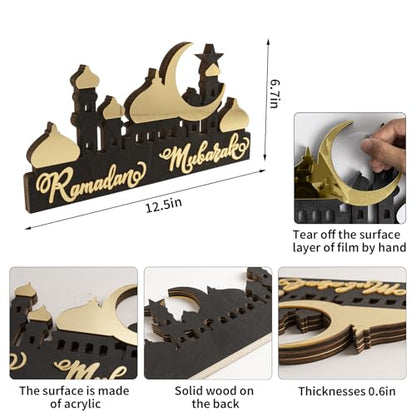 Wooden Acrylic Ramadan Decorations for Home 2026, Gold Black Ramadan Mubarak Eid Kareem Sign Stand, Wood Islamic Table Centerpiece Fireplace Office Desk Mosque Decor, Arabic Muslim Gifts