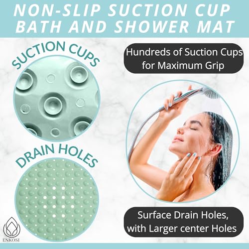 ENKOSI Non-Slip Bath & Shower Mat 40x16 Extra Long, Suction & Drain Holes | Aqua Green color; Durable PVC; 40x16 in, Aqua Green - color: Aqua Green