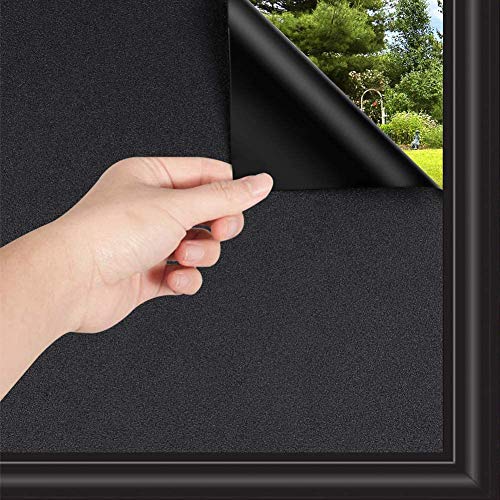 WochiTV Total Blackout Window Film 100% Light Blocking Non Adhesive No Residue Removable Opaque Static Cling Privacy Glass Tint for Home Bedroom Darkening Heat Control (17.5 in x 13.1 Ft) - color: Black, size: 17.5 Inch x 13.1 Feet