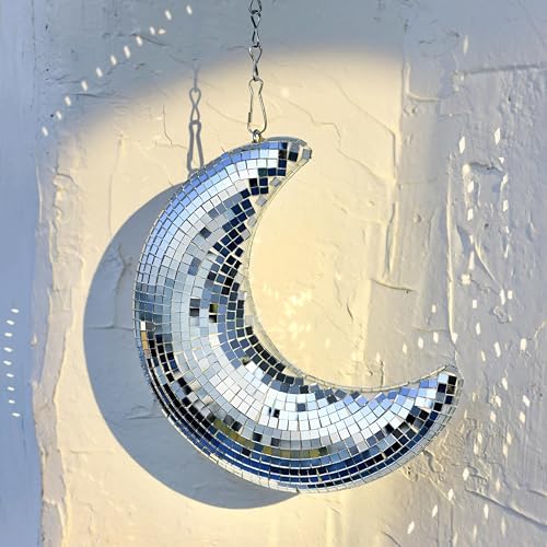 RGZOCT Hanging Disco Ball Moon Shaped 8 Inch Silver Stage Mirror Ball for Christmas Tree, Party, Room, Courtyard, Handmade Retro Home Decor