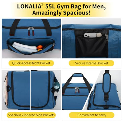 55L Large Duffle Bag for Men, 22 inch, Blue | Heavy Duty, Gym Duffel Bag, Multi Pockets, Spacious - color: Royal Blue