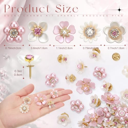 50 Pcs Pearl Rhinestone Brooch Pin Flower Embellishments Brooches and Pins for Women Lapel Pins No Sew Button Charms Accessories for Clothes Bags Wedding DIY Crafts, 5 Styles - color: Pink