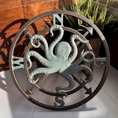 Zeckos Garden Hose Holder Octopus Compass 12 Inch Cast Iron Bronze | Verde Patina Detail, Nautical Compass Rose Motif, 5.5 Inch Deep, Matching Screws - color: Octopus Compass - Bronze