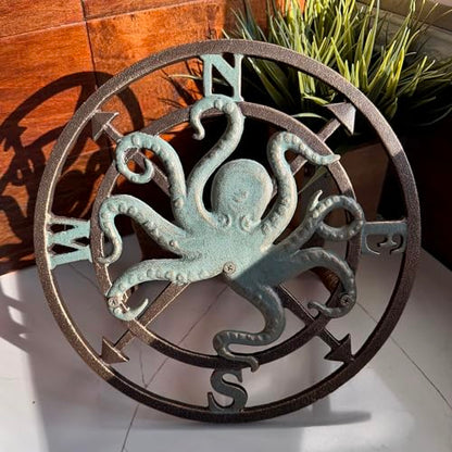 Zeckos Garden Hose Holder Octopus Compass 12 Inch Cast Iron Bronze | Verde Patina Detail, Nautical Compass Rose Motif, 5.5 Inch Deep, Matching Screws - color: Octopus Compass - Bronze