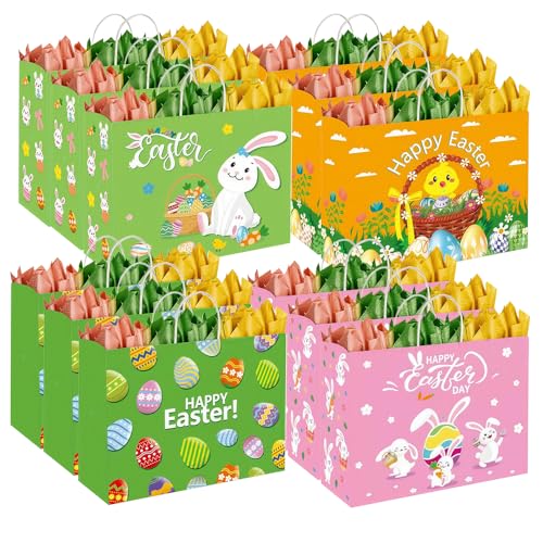 CMSSHUAI 12 Pcs Easter Gift Bags with Tissue Paper，13" Large Size Bunny Bags with Handles ，Easter Treat Goodie Bags for Easter Egg Hunt Party Favors Gift Wrapping - color: easter 12