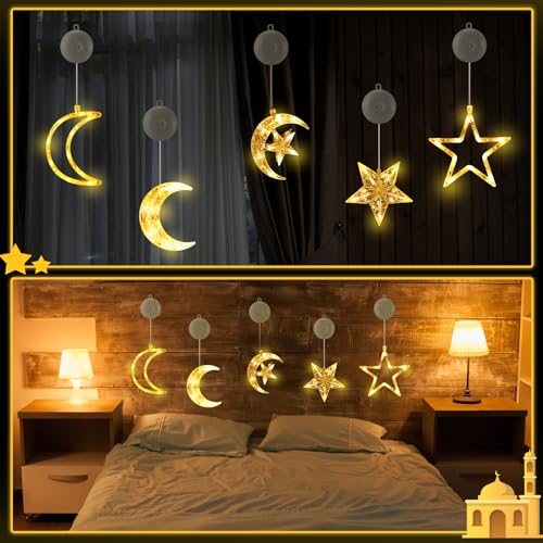 Tujoe 5 Pcs Ramadan Decorations Lights Eid Mubarak Moon Star Window Light LED Battery Powered Islam Window Silhouette Light Islamic Muslim Ramadan Hanging Decor for Wall Home Baby Room Outdoor Patio