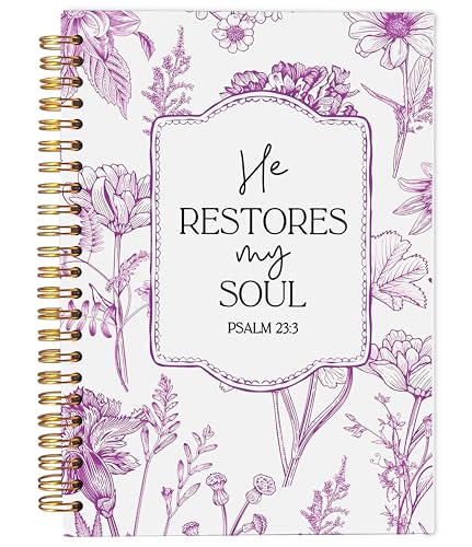 Christian Notebook for Women, Christian Gifts Journal, Prayer Journal for Women, Bible Journaling Notebook, PSALM 23:3 He Restores My Soul Floral Spiral Notebook 5.5x8.3 - color: 23-Christian-notebook