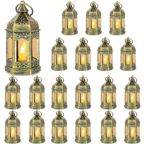 Mini Lantern with Flickering LED Candles Set of 20, Hewory Gold Vintage Decorative Hanging Candle Lanterns for Halloween, Christmas, Wedding Decorations, Party, Table Centerpiece, Battery Included - color: Gold, size: 20PCS