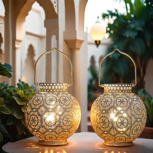 TRIROCKS Set of 2 Moroccan Style Metal Table Lamp 7'' High Battery Powered Cordless Lamp with LED Fairy Lights Bulb Perfect for Home Living Room Parties Tabletop Indoors(White) - color: White