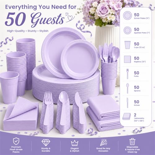 Tinybee 352 Pcs Lilac Plastic Plates, Disposable Dinnerware Set for 50 - color: Lavender