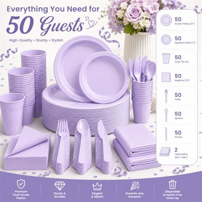 Tinybee 352 Pcs Lilac Plastic Plates, Disposable Dinnerware Set for 50 - color: Lavender