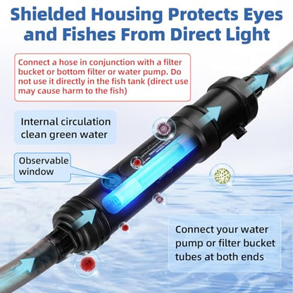 hygger 9W Aquarium U-V Light with Timer, 360° Protective Shield Clean Light for Crystal Clear Green Water, Submersible Fish Tank Cleaner for 60–100 Gallon Freshwater & Saltwater Aquariums - size: 1.97 x 10.43 inches