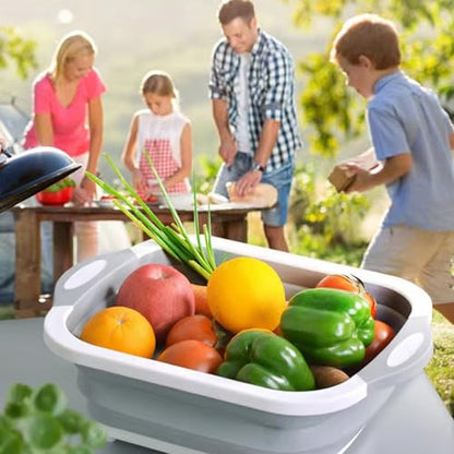 Camping Collapsible Cutting Board Dish Basin BBQ Prep Tub Camp Sink Dish Washing Station Multifunctional Storage Basket(Grey white) - color: Grey white