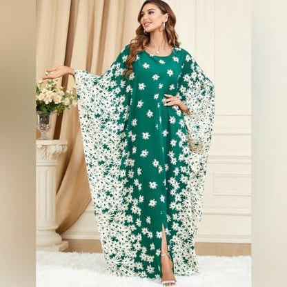 Embroidered Abaya Kaftans for Women Modern Elegant Dubai Moroccan Dubai Kaftan Dresses Abaya for Women Muslim Dress - color: Green-dandelion