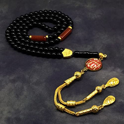 Special Prayer Beads Series -99 beads- Tesbih Tasbih Tasbeeh Misbaha Masbaha Subha Sebha Sibha (Black Shiny Agate Stone and Allah Tassel Design -6 mm Small Beads-) - color: Black Shiny Agate Stone and Allah Tassel Design -6 mm Small Beads-