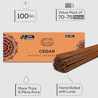 Raajsee Cedar Incense Sticks, 100%-Natural Charcoal Free Organic Non Toxic Clean Burning Handmade Insence Sticks 100 gm Pack, Meditation Gifts – Spritual Cleansing - color: Cedar