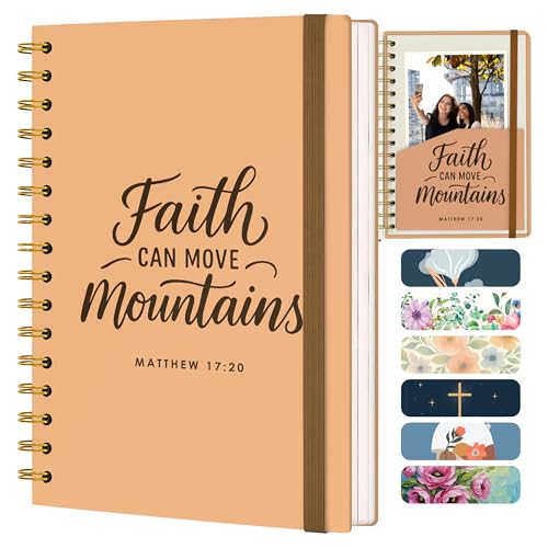 Only Zest Blank 140 Page Christian Journals for Women – Multiple Designs – Hardcover with Scripture – Spiral Christian Notebook – Inspirational Writing Notebook for Bible Study and Prayer – Faith Can Move Mountains (Matthew 17:20) - color: Faith_Beige