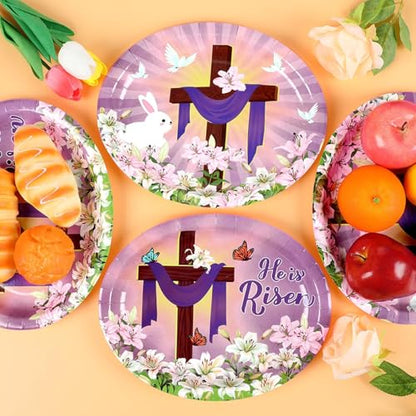 Qyeahkj He is Risen 타원형 종이 접시 대형 27.9cm(11인치) 일회용 예수 십자가 부활절 파티 장식 봄 백합 꽃 용품 종교 그리스도 파티 식기 세트 50개 - style: He is Risen
