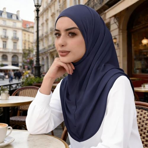 Instant Hijab Ready To Wear Hijab Scarf for Women Soft Long Muslim Jersey Hijabs Head Scarf for Prayer Abaya - color: Navy