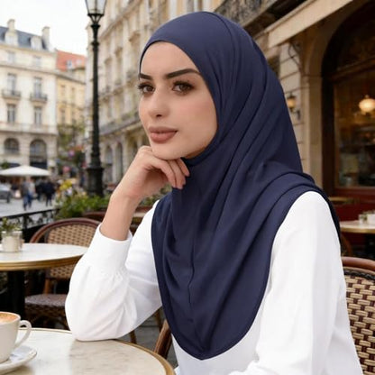 Instant Hijab Ready To Wear Hijab Scarf for Women Soft Long Muslim Jersey Hijabs Head Scarf for Prayer Abaya - color: Navy