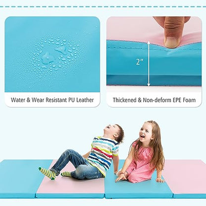 GYMAX Gymnastics Mat, 4 FT x 8 FT x 2 Inches Folding Exercise Mat w/Carry Handles & Sturdy Stitching Waterproof Cover, Tumbling Mat for Yoga Stretching Martial Arts Home Gym - color: Pink & Blue