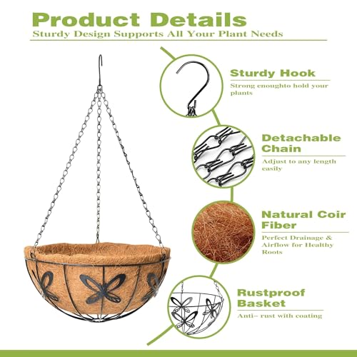 4 Pack 14 Inch Hanging Baskets for Plants Outdoor Metal Hanging Planter Hanging Flower Baskets with Coco Fiber Liners Chain Round Wire Plant Holder Hanging Flower Pots(Butterfly) - size: 14 Inch, style: Butterfly