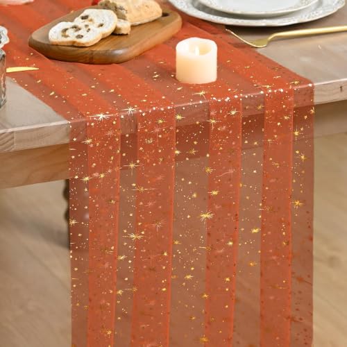 Artoid Mode Gold Stars Caramel Gauze Table Runner 120 Inch 10FT, Reversible Glitter Sheer Dining Wedding Holiday Birthday Table Decor for Home Party - color: Caramel, size: 28" x 120"