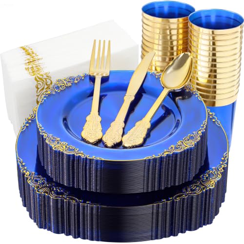 Nervure 175Pcs Blue Plastic Plates, Disposable Dinnerware Set for 25 Guests - color: Transparent Blue, style: 175Pcs(25Guests)