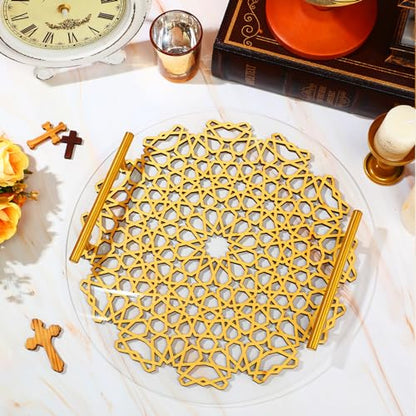SiliFine Eid Al-adha Tray Decoration for Home, Islamic Ramadan Mubarak Plates, Eid Mubarak Serving Trays, Round Hollow Star Trays Plates for Serving Pastry Dessert Cookie Candy Eids Party Decor