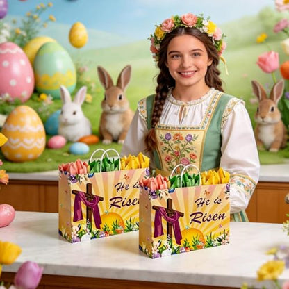 CMSSHUAI 12 Pcs Easter Religious Gift Bags with Tissue Paper, 13" Large Size He Is Risen Bags with Handles for Easter Gift Wrap Spring Egg Hunt - color: jesus 12